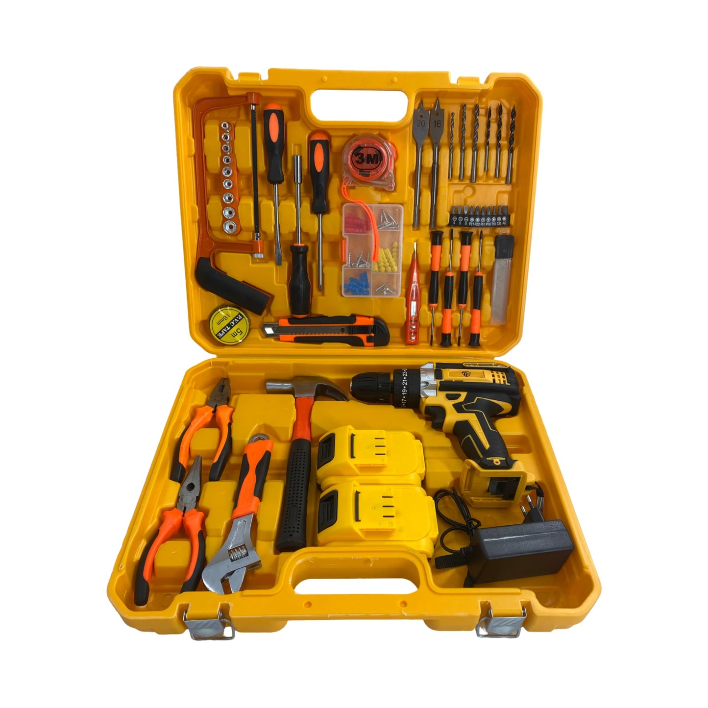 KIT SUPER COMPLETO DE TALADRO INALAMBRICO DE 2 BATERIAS CON HERRAMIENTAS (52 PIEZAS)