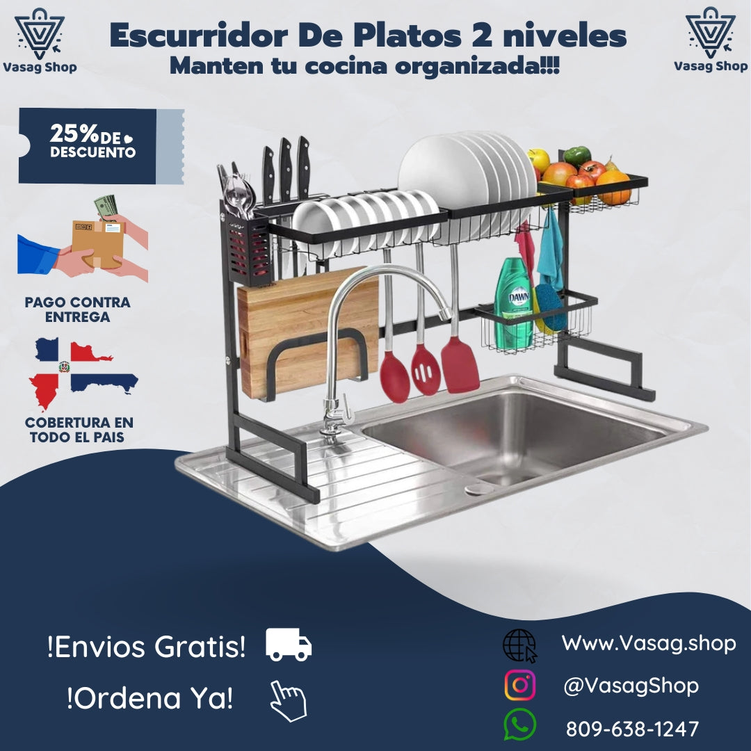 ESCURRIDOR DE PLATOS DE 2 NIVELES - MULTIPLES ACCESORIOS PARA QUE LAVAR TUS PLATOS SEA UNA TAREA FACIL
