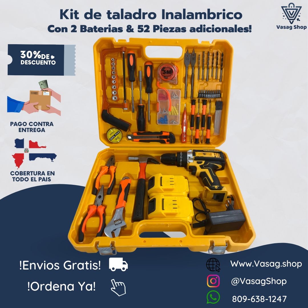 KIT SUPER COMPLETO DE TALADRO INALAMBRICO DE 2 BATERIAS CON HERRAMIENTAS (52 PIEZAS)