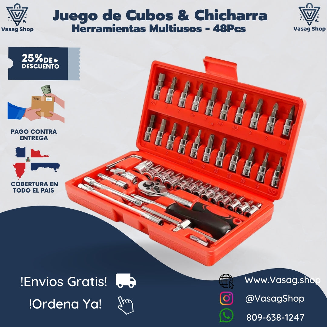 JUEGO DE CUBOS Y CHICHARRA - 46 Pz CROMADO