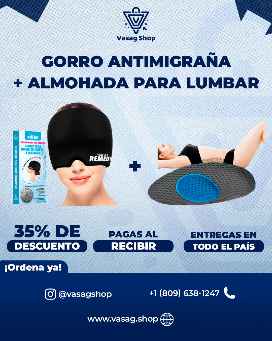 Gorro Anti Migraña + Almohada Lumbar Ergonómica (COMBO RELAX TOTAL)