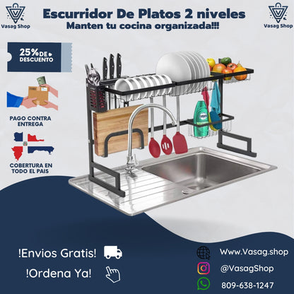 ESCURRIDOR DE PLATOS DE 2 NIVELES - MULTIPLES ACCESORIOS PARA QUE LAVAR TUS PLATOS SEA UNA TAREA FACIL