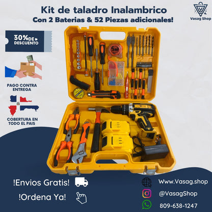 KIT SUPER COMPLETO DE TALADRO INALAMBRICO DE 2 BATERIAS CON HERRAMIENTAS (52 PIEZAS)