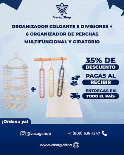 Combo de organizador de 5 Niveles & 6 Percheros de 9 Divisiones - Mantener tu habitación organizada nunca había sido tan fácil.