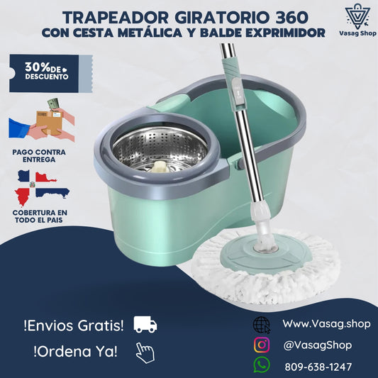 TRAPERO GIRATORIO CON CESTA METÁLICA Y BALDE EXPRIMIDOR