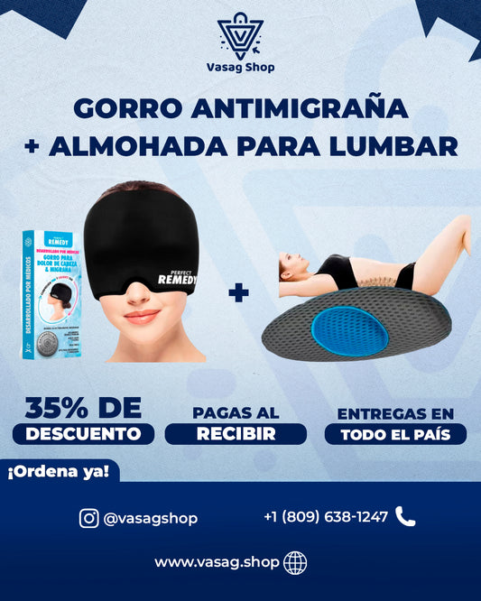 Gorro Anti Migraña + Almohada Lumbar Ergonómica (COMBO RELAX TOTAL)