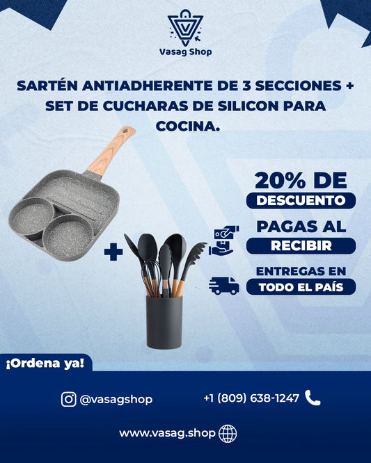 Sartén Antiadherente de 3 Secciones + Set de Utensilios de Cocina - Prepara Tus Comidas Con Facilidad & Dale Un Toque Moderno a Tu Cocina